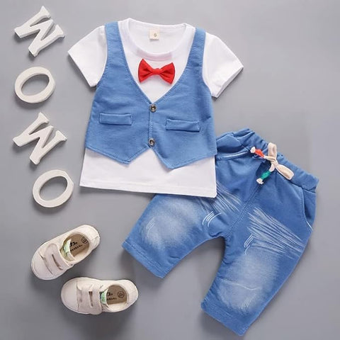 Boys Ice-blue Waistcoat & Red Bow Attached T-shirt & Short Set