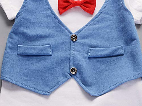 Boys Ice-blue Waistcoat & Red Bow Attached T-shirt & Short Set