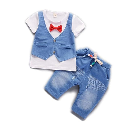 Boys Ice-blue Waistcoat & Red Bow Attached T-shirt & Short Set