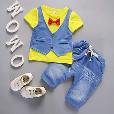 Boys Ice-blue Waistcoat & Red Bow Attached T-shirt & Short Set