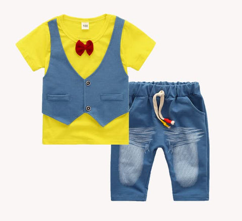 Boys Ice-blue Waistcoat & Red Bow Attached T-shirt & Short Set