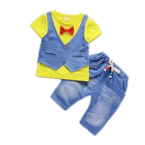 Boys Ice-blue Waistcoat & Red Bow Attached T-shirt & Short Set