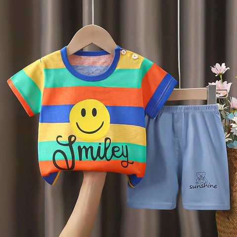 Kid's Colorful Stripe Print Cotton Cute Half Sleeve T-shirt and Shorts Set