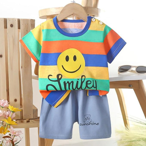 Kid's Colorful Stripe Print Cotton Cute Half Sleeve T-shirt and Shorts Set