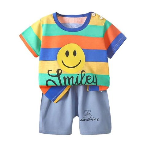 Kid's Colorful Stripe Print Cotton Cute Half Sleeve T-shirt and Shorts Set