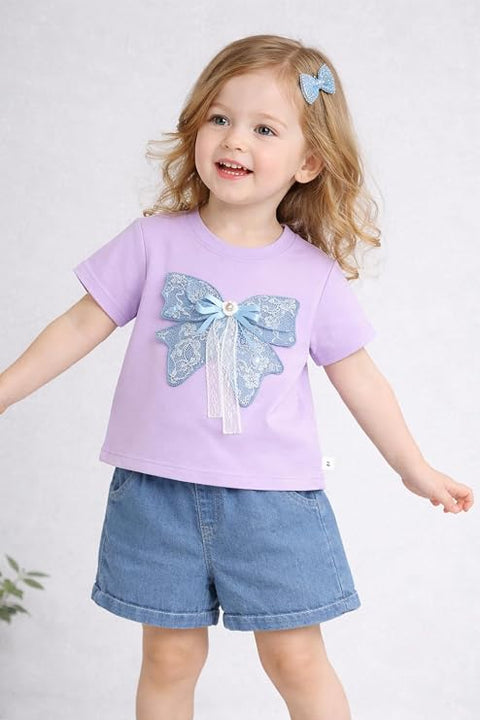Girl Half Sleeve Bow Lace T-Shirt with Shorts
