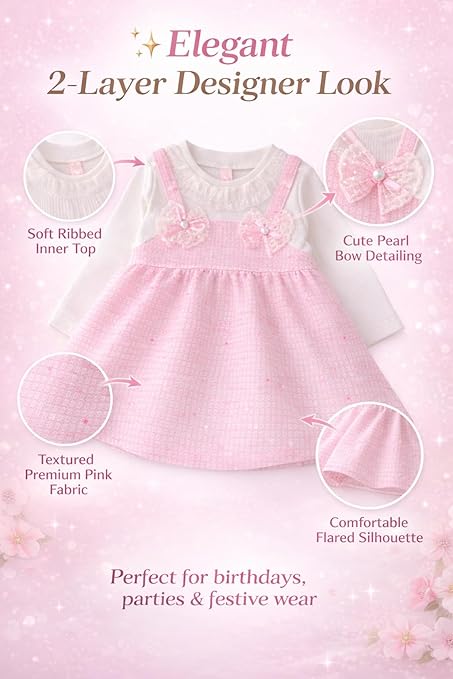 Baby Girls Self-Embroidered Full Sleeve Pinafore Frock Midi Dress T-shirt Tunic Set for Infant Girls