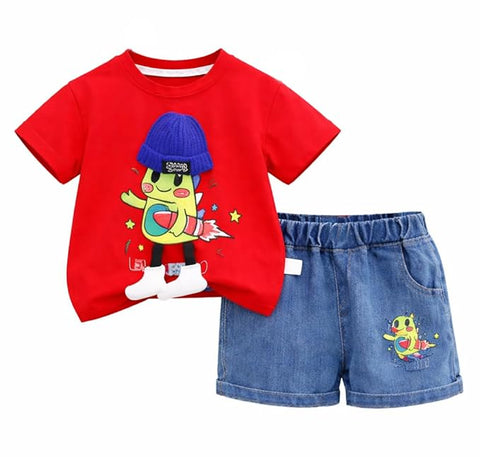 Boys Cartoon Print T-Shirt with Denim Shorts