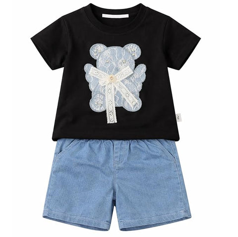 Adorable Bear Sequin Patch T-shirt and Denim Shorts Set for Infant Toddler Baby Girls