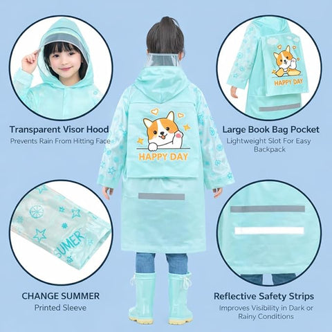 Kids Cartoon Print Hooded Raincoat With Storage Bag