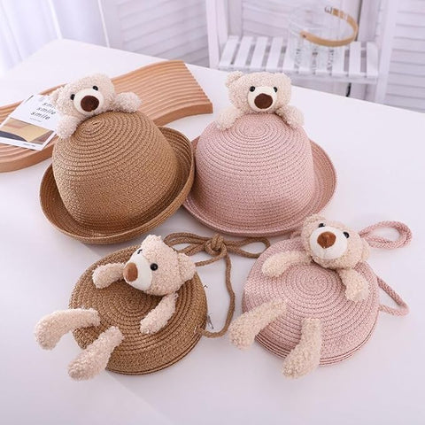 Cute Plush Bear Kids Straw Sun Hat N Sling Bag Combo for Girls 3-8 Years
