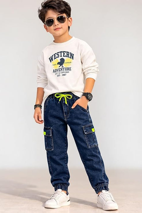 Kid's Trendy Cool Washed Casual Denim Jeans Pant with Elasticated Waistband