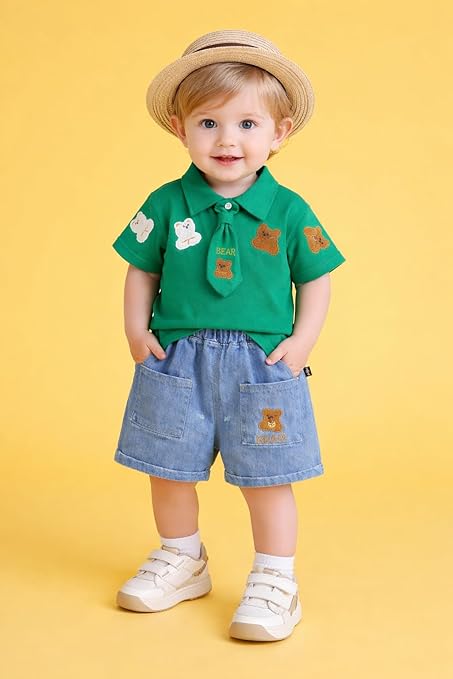 Boys Teddy Bear Embroidered Polo T-Shirt & Denim Shorts Co-Ord Set