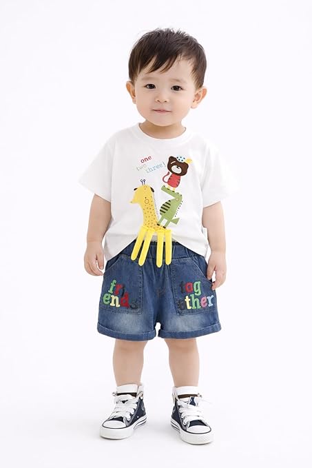 Kids Boys 2-Piece Summer Clothing Set with 3D Giraffe Applique