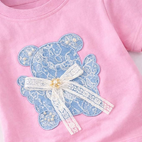 Adorable Bear Sequin Patch T-shirt and Denim Shorts Set for Infant Toddler Baby Girls