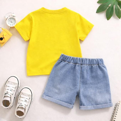 Kids Cotton T-Shirt & Denim Shorts Set with Camera & Bear Print