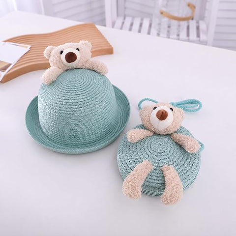 Cute Plush Bear Kids Straw Sun Hat N Sling Bag Combo for Girls 3-8 Years
