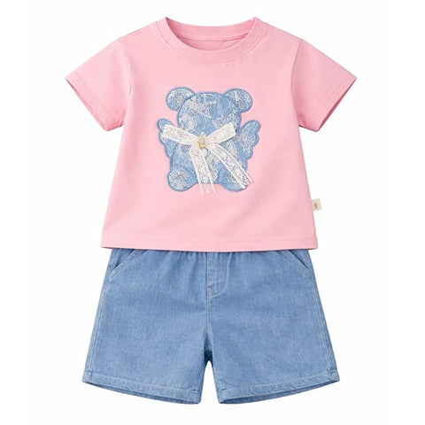 Adorable Bear Sequin Patch T-shirt and Denim Shorts Set for Infant Toddler Baby Girls