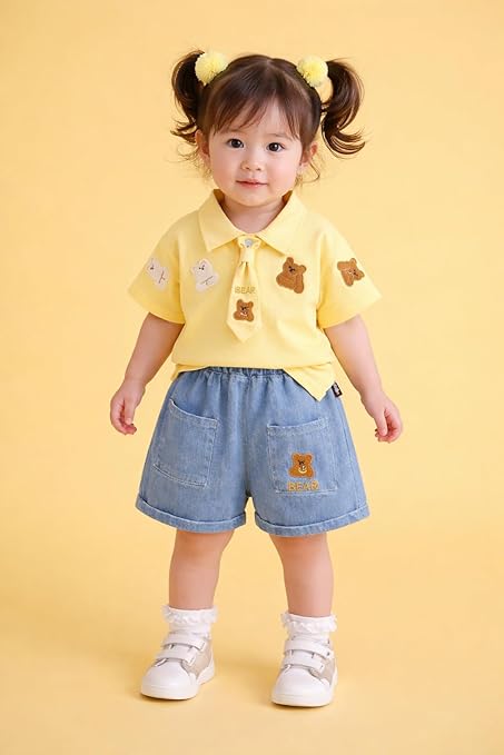 Boys Teddy Bear Embroidered Polo T-Shirt & Denim Shorts Co-Ord Set