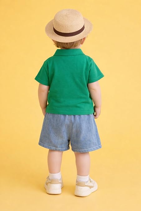 Boys Teddy Bear Embroidered Polo T-Shirt & Denim Shorts Co-Ord Set