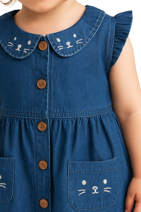 Girls Cotton Denim Shift Knee Length Frock Dress