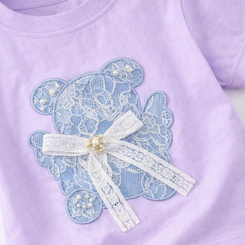 Adorable Bear Sequin Patch T-shirt and Denim Shorts Set for Infant Toddler Baby Girls