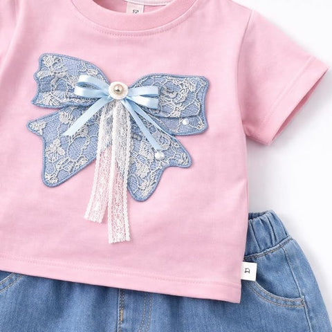 Girl Half Sleeve Bow Lace T-Shirt with Shorts