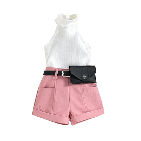 Girls Sleeveless Halter Neck Top and Contrast Shorts with Belt & Wallet, Partywear Co-ords Set