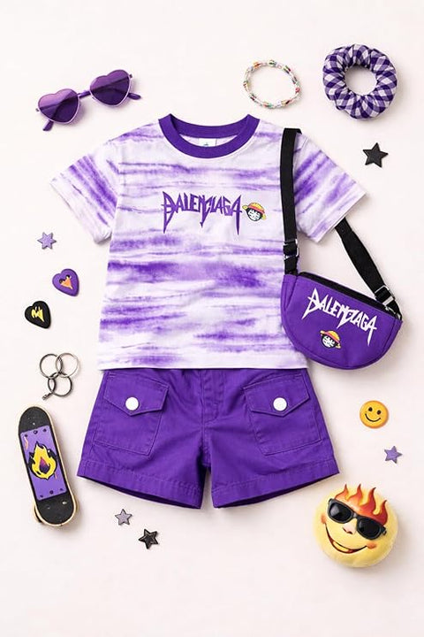 Kids Trendy Tie-Dye T-Shirt & Shorts Set with Matching Sling Bag