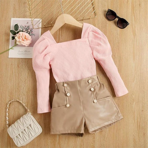 Baby Girls Full Sleeve Ribbed Top & PU Leather Shorts Party Dress Co-ords