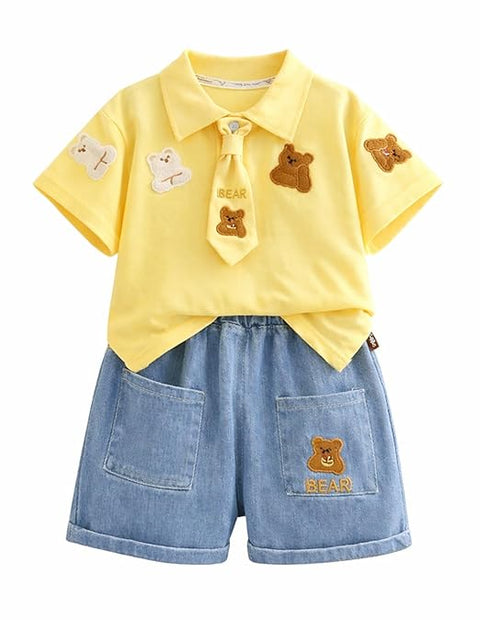 Boys Teddy Bear Embroidered Polo T-Shirt & Denim Shorts Co-Ord Set
