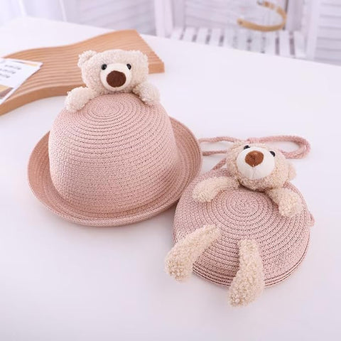 Cute Plush Bear Kids Straw Sun Hat N Sling Bag Combo for Girls 3-8 Years