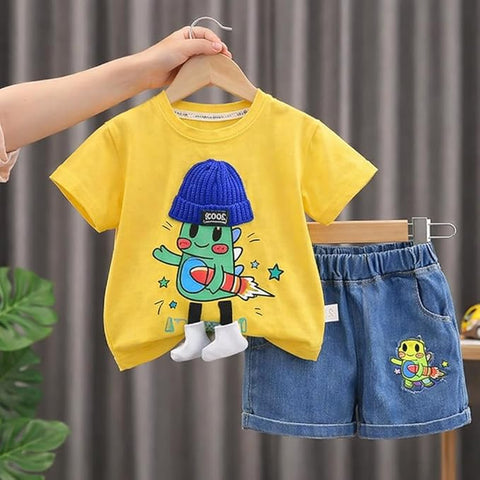Boys Cartoon Print T-Shirt with Denim Shorts