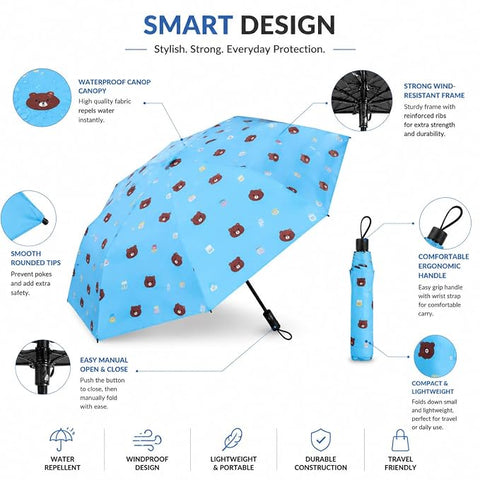 Bear Print 3 Fold Rain Umbrella | Travel Umbrella wid Cover