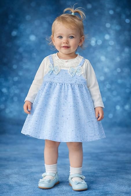 Baby Girls Self-Embroidered Full Sleeve Pinafore Frock Midi Dress T-shirt Tunic Set for Infant Girls