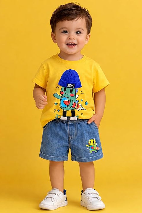 Boys Cartoon Print T-Shirt with Denim Shorts