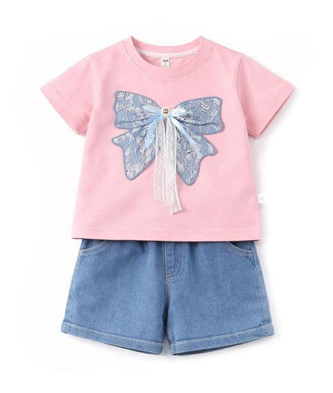 Girl Half Sleeve Bow Lace T-Shirt with Shorts