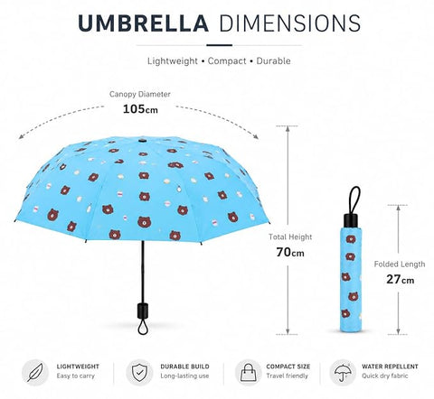 Bear Print 3 Fold Rain Umbrella | Travel Umbrella wid Cover
