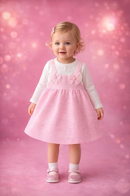 Baby Girls Self-Embroidered Full Sleeve Pinafore Frock Midi Dress T-shirt Tunic Set for Infant Girls