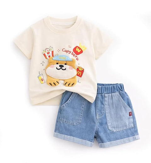 Kids Casual Graphic Tee & Denim Shorts Set