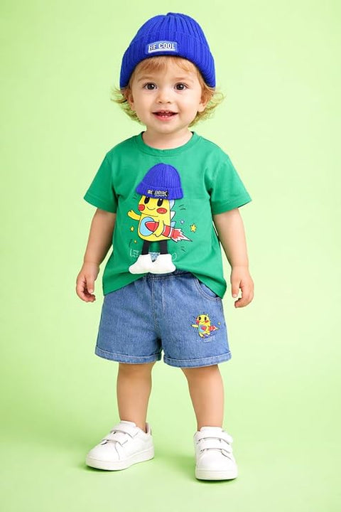 Boys Cartoon Print T-Shirt with Denim Shorts