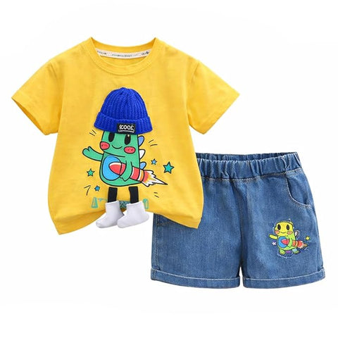 Boys Cartoon Print T-Shirt with Denim Shorts