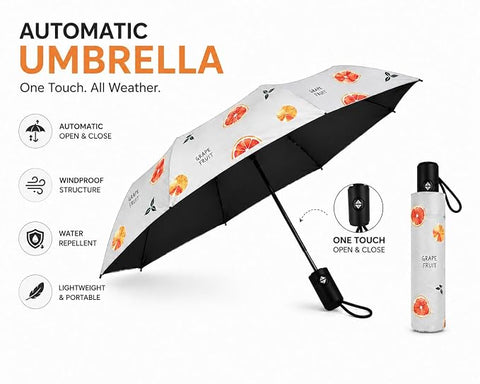 Adult's Grape Fruit Print 3 Fold Auto Open Close Umbrella for Sun & Rain