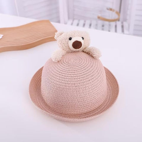 Cute Plush Bear Kids Straw Sun Hat N Sling Bag Combo for Girls 3-8 Years