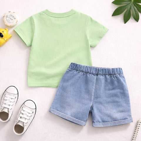 Kids Cotton T-Shirt & Denim Shorts Set with Camera & Bear Print