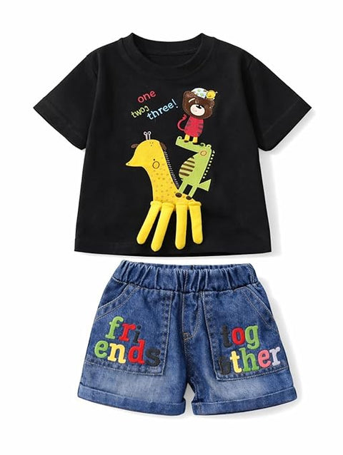 Kids Boys 2-Piece Summer Clothing Set with 3D Giraffe Applique