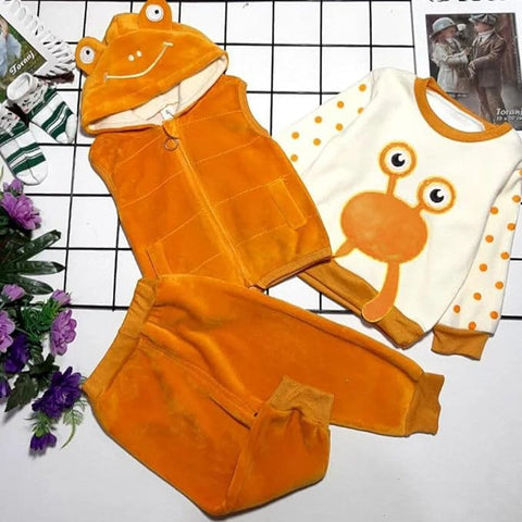 Cartoon Winter Warm Fleece T-shirt with Hooded Jacket & Joggers 3 Pc Winter Outfit for Kids