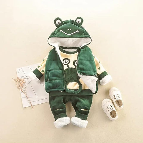 Cartoon Winter Warm Fleece T-shirt with Hooded Jacket & Joggers 3 Pc Winter Outfit for Kids