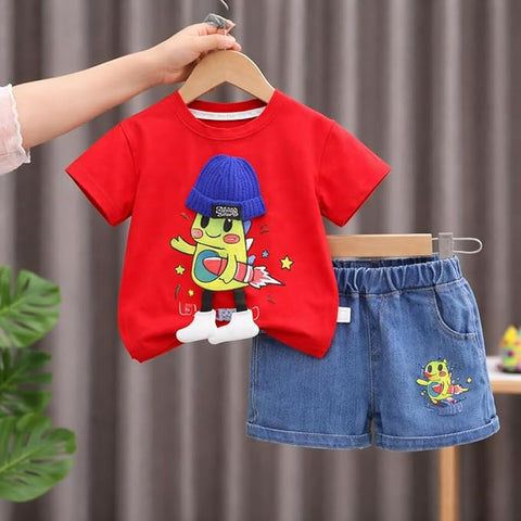 Boys Cartoon Print T-Shirt with Denim Shorts