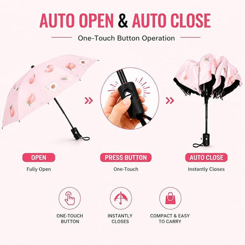 Adult's Peach Print 3 Fold Auto Open Close Umbrella for Sun & Rain